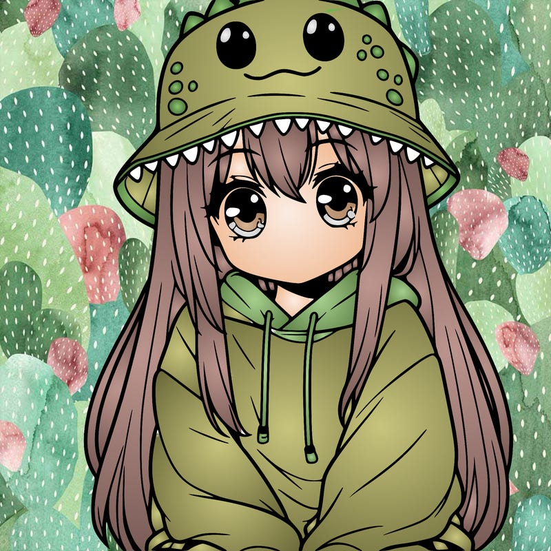 girl with anime shaped eyes with a dinosaur bucket hat oversized sweatshirt long straight hair