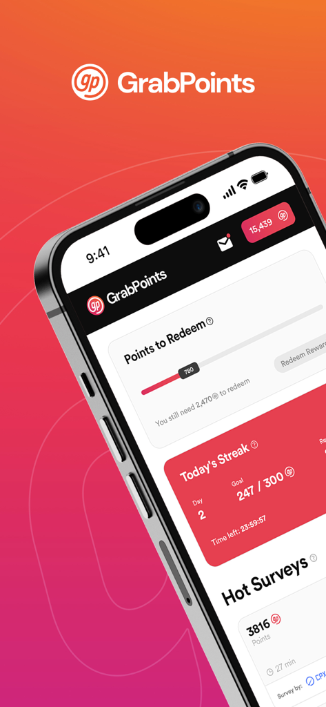 GrabPoints - GrabPoints mobile app interface showing current points balance, daily streaks, and available surveys.