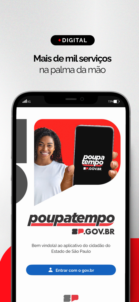 Écran d'accueil de l'application Poupatempo SP.GOV.BR avec un bouton de connexion et le logo officiel du gouvernement.