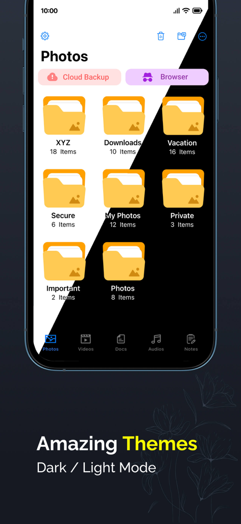 Gallery Lock - Photos Vault - 안전한 사진 폴더를 정리하기 위한 어두운 모드 및 밝은 모드 테마의 분할 화면 비교를 보여주는 Gallery Lock 앱 인터페이스