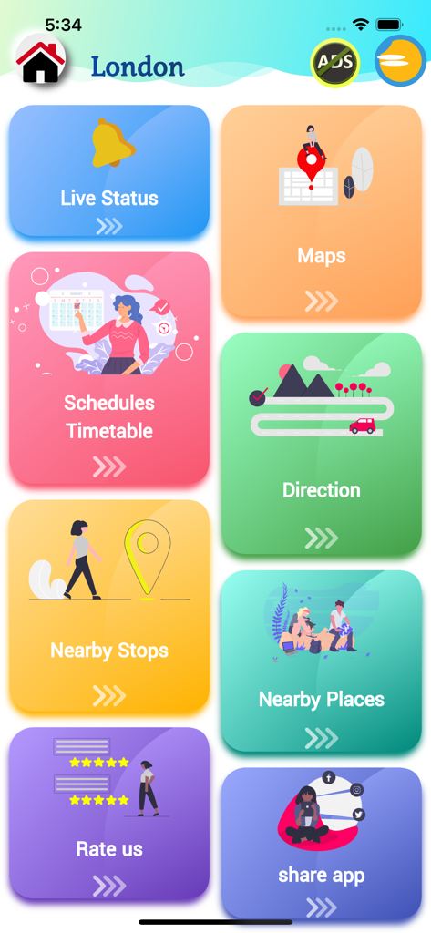 Main dashboard of the London Tube Map app showing navigation buttons for live status maps schedules and directions