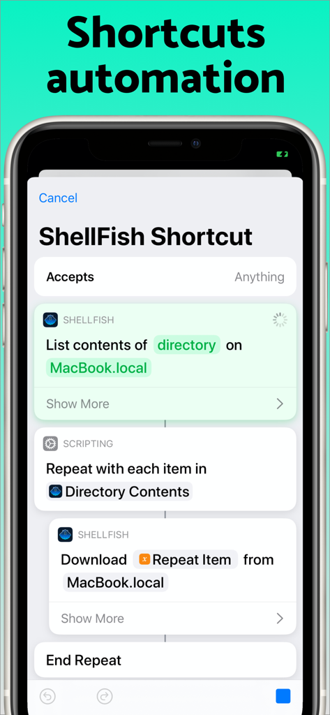 Secure ShellFish app interface showing an iOS shortcut automation to list and download files from a remote server.