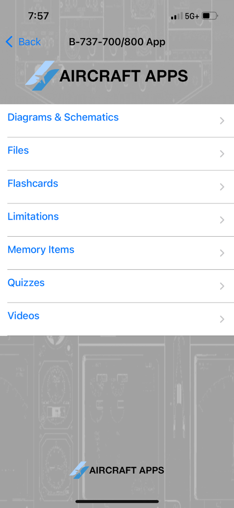 iBOEING B-737 Aircraft Apps - Main menu interface of the iBOEING B-737 aircraft training app for pilots.