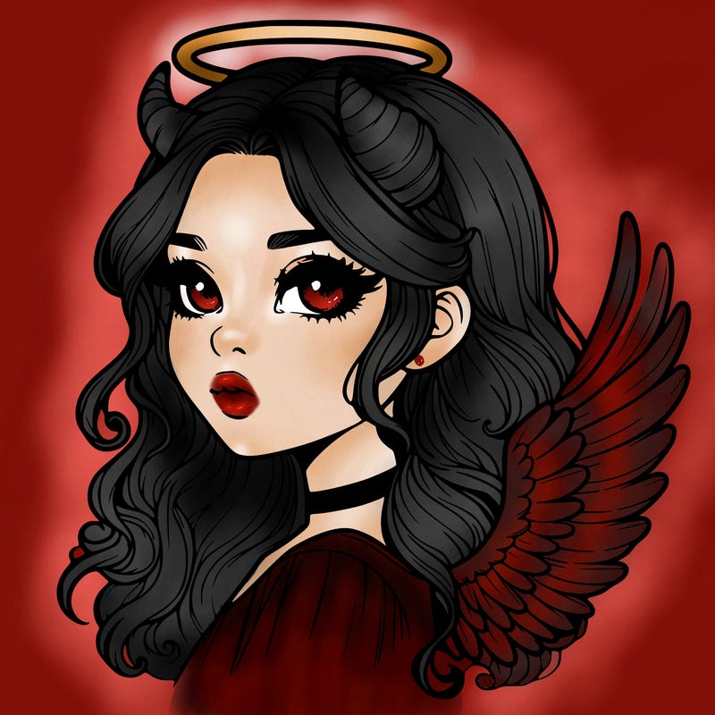 realistic girl with horns and wings and halo
