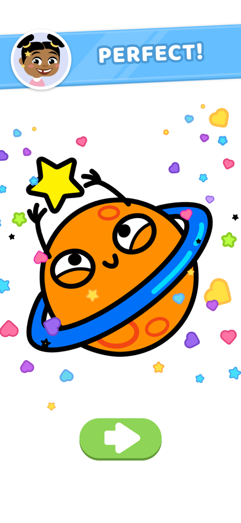 Color Page 2 ASMR - Art game - A completed coloring page of a cute orange planet with a blue ring holding a yellow star with the word Perfect displayed at the top