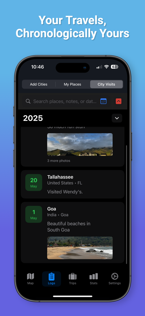 TrekPins - TrekPinsアプリには、写真とメモ付きの旅行都市訪問の年代記リストが表示されます。