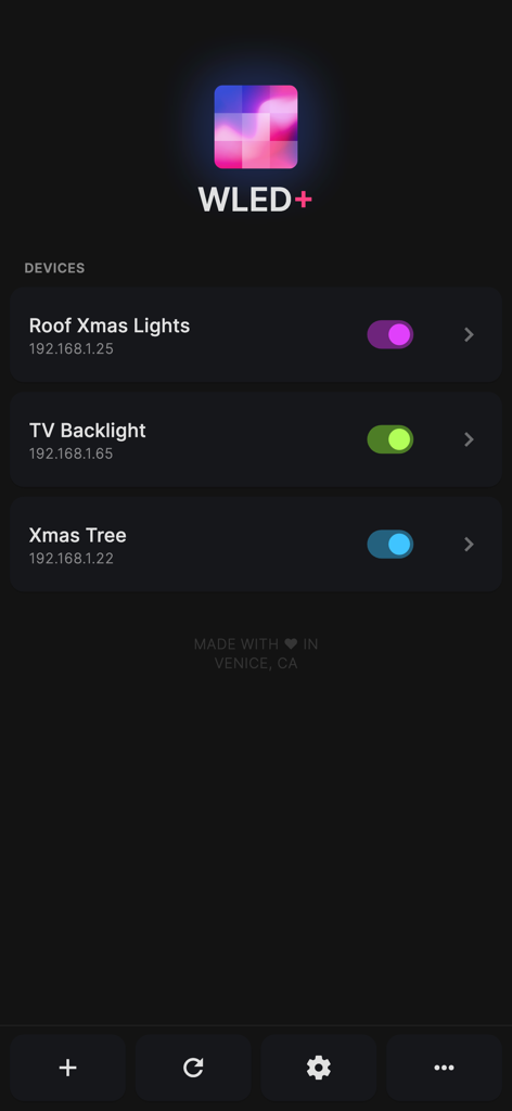 WLED+ - Dashboard of the WLED plus app showing a list of connected LED devices with toggle switches for lights