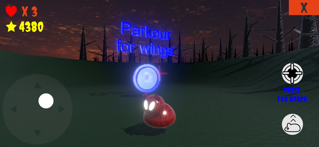 Scary cats - A red spider-patterned cat character in a 3D landscape with a glowing orb and text that says Parkour for wings