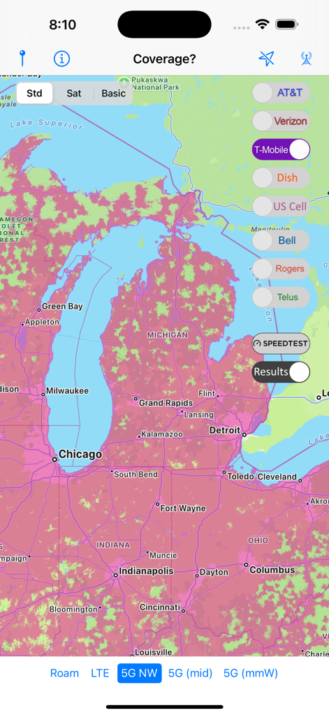 Coverage app interface showing T-Mobile 5G network coverage over Michigan and surrounding areas.