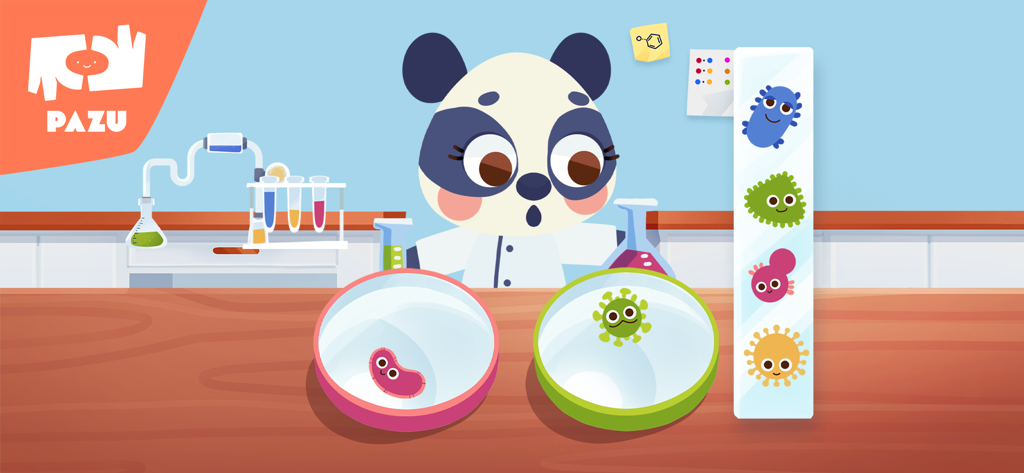 Pazu Mini - Games for Toddlers - Panda character in a science lab game for toddlers with colorful microbes