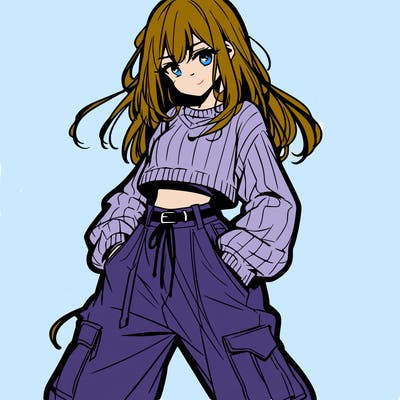 anime teen girl with baggy pants and crop top with sweater