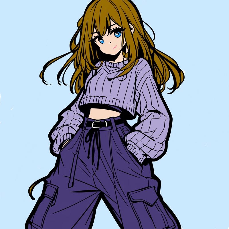 anime teen girl with baggy pants and crop top with sweater