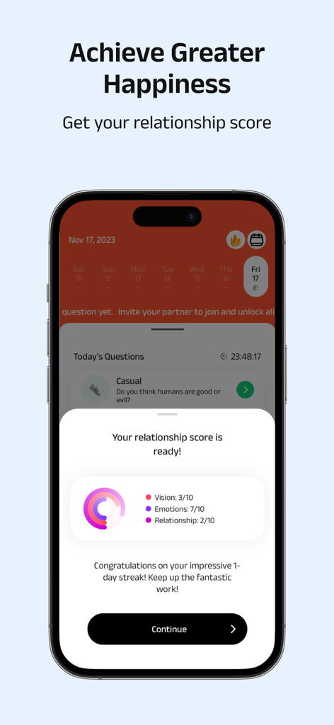 Kuizu: Couples Relationship AI - Mobile app screen showing relationship health scores and a daily streak