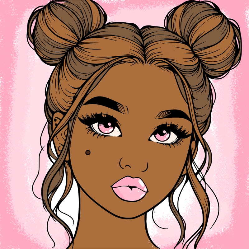 realistic girl with two buns on her hair and lips