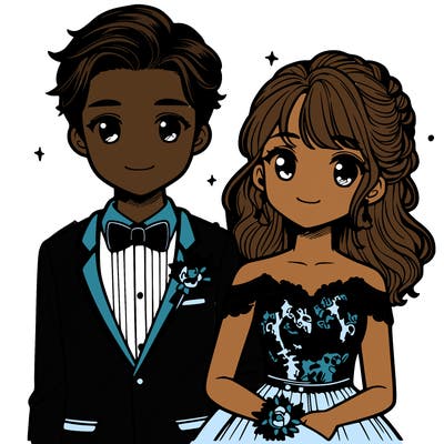 a boyfriend and girlfriend in prom outfits