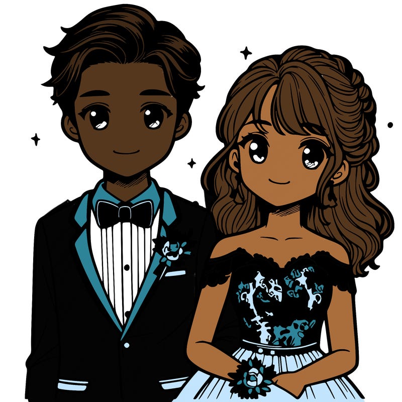 a boyfriend and girlfriend in prom outfits
