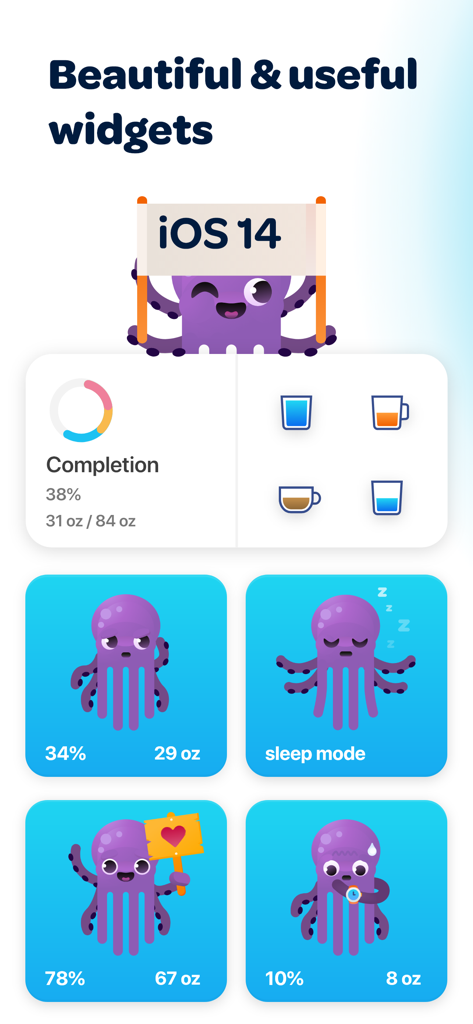 Waterful® Drink water tracker - Hydration tracking widgets for iOS 14 featuring the Waterful octopus mascot.