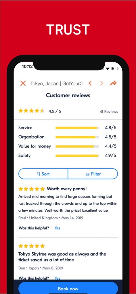 Tokyo Travel Guide . - 도쿄에서의 서비스 및 안전에 대한 긍정적인 고객 리뷰와 높은 평가를 보여주는 모바일 앱 화면.