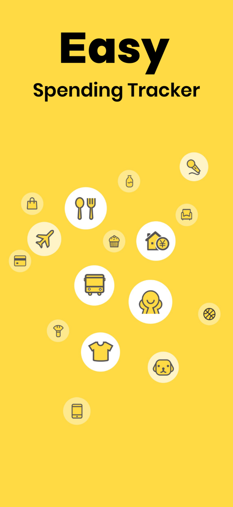 Easy Budget: Spending Tracker - Easy Budget Spending Tracker intro screen featuring minimalist spending category icons on a bright yellow background