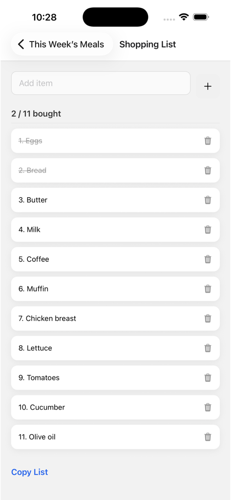 Meal Planner: Shopping List - A minimalist shopping list interface showing grocery items with a progress tracker for bought products.