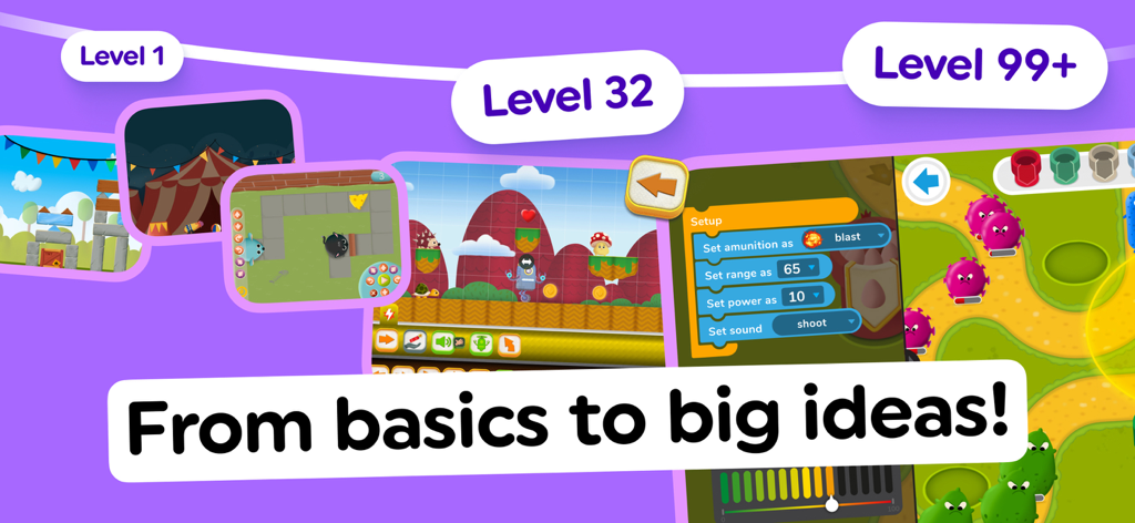 Progression of coding levels from basics to advanced big ideas in the Code Land app