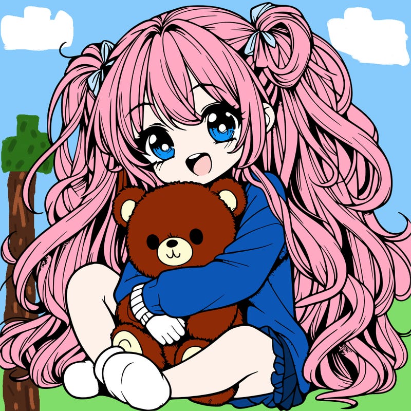 manga girl, long curly hair, happy, cuddling a teddy bear