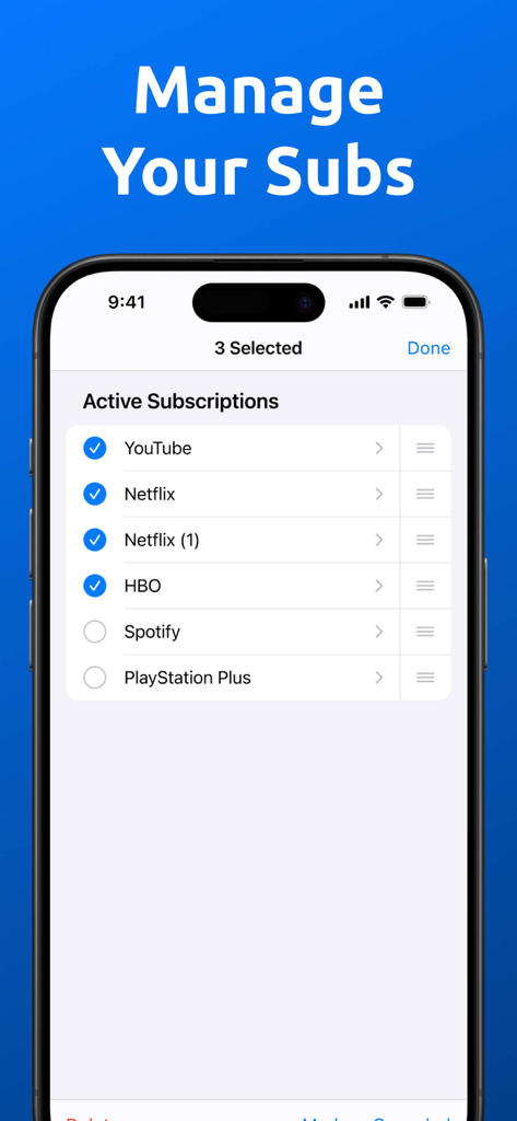 Subscription Trackerㅤ - Interface showing a list of active subscriptions like YouTube and Netflix with selection checkboxes for management.