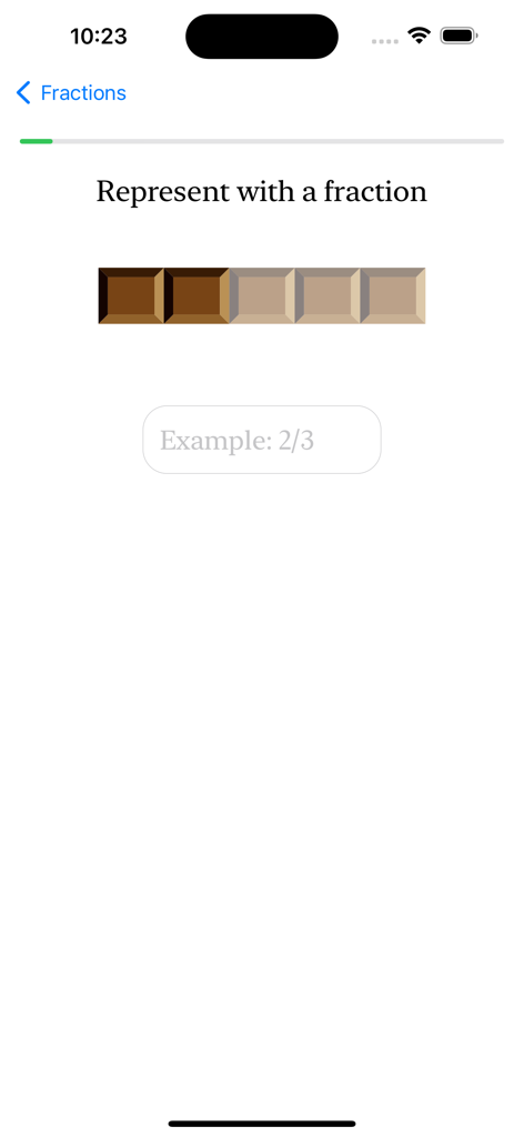 Fraction Steps: Learn Visually - A visual math exercise in the Fraction Steps app asking a student to represent a shaded bar as a fraction