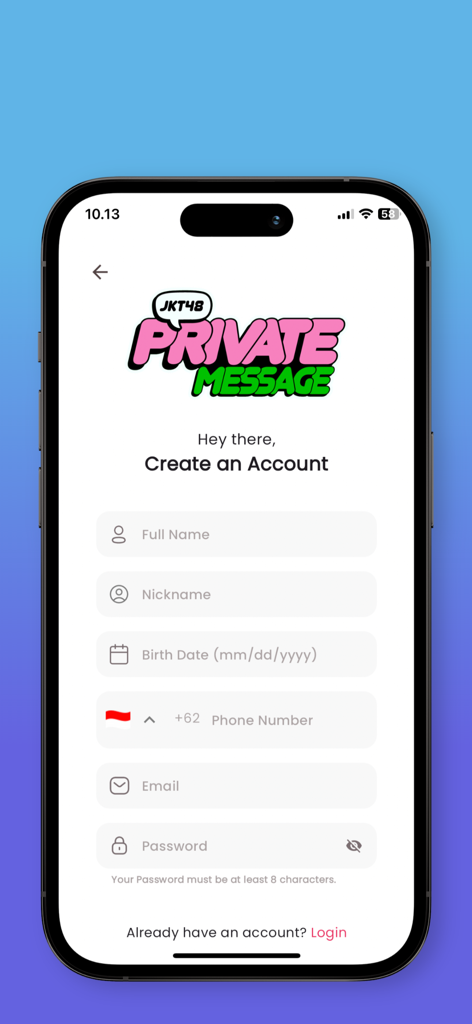 JKT48 PM - Signup screen for JKT48 Private Message app showing the account creation form.