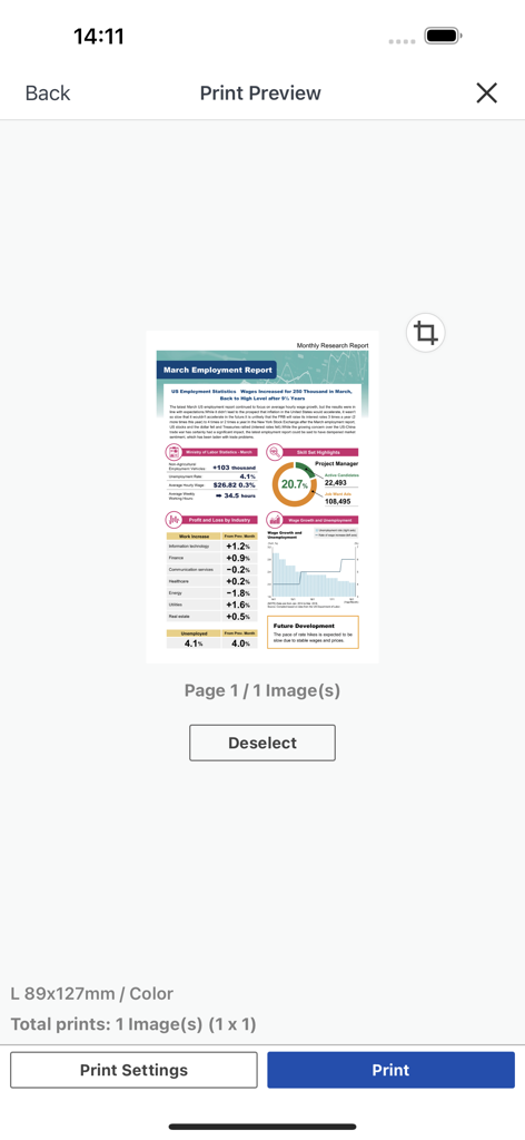 Canon PRINT app showing a document preview screen with a print button