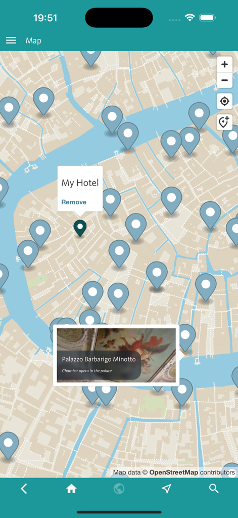 Venice Art & Culture - A map of Venice within the app displaying numerous cultural landmarks and a pinned hotel location