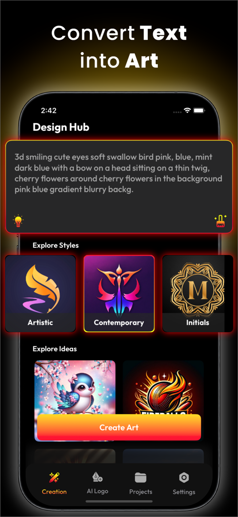 Arvine AI Logo Maker & Creator - AI logo maker app screen showing text to art conversion tool with design styles and artistic templates