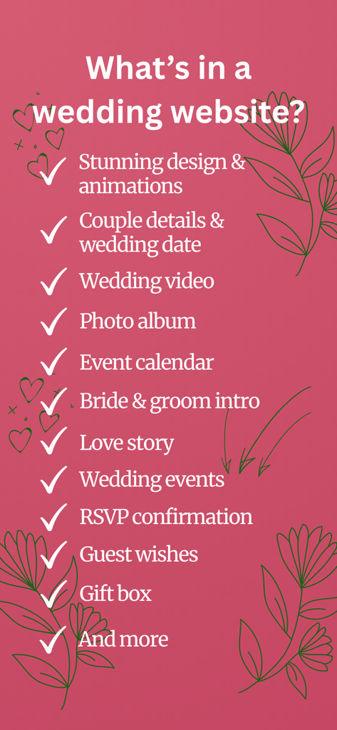 Una checklist che mostra le funzionalità di un sito web nuziale, tra cui conferma RSVP, album fotografico, calendario eventi e storia d'amore su sfondo rosa con illustrazioni floreali.