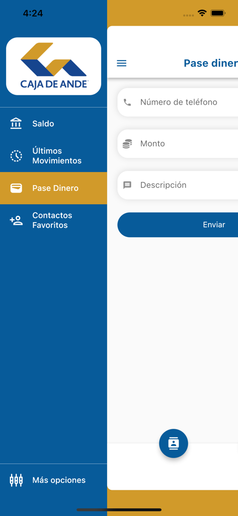 Caja de ANDE SINPE Móvil - Schermata di trasferimento di denaro dell'app mobile Caja de ANDE SINPE Movil