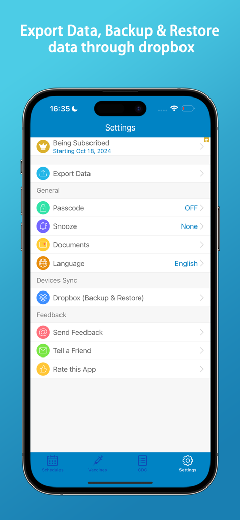 The settings interface of the Vaccines Log app featuring data export and Dropbox backup options.