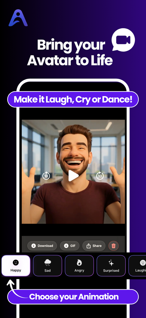 AI Avatar Generator & Animator - AI Avatar app interface showing a laughing 3D character and animation options like happy and sad
