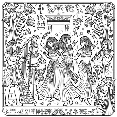 Immerse yourself in the captivating world of ancient Egypt with this dynamic coloring page. Featuring graceful dancers and skilled musicians, it's a perfect blend of history and artistic expression.