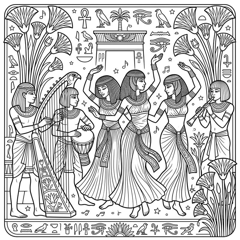 Immerse yourself in the captivating world of ancient Egypt with this dynamic coloring page. Featuring graceful dancers and skilled musicians, it's a perfect blend of history and artistic expression.