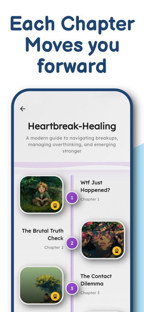 SoulSage: Emotional Healing - SoulSage app screen showing chapters of a heartbreak healing program in a timeline view