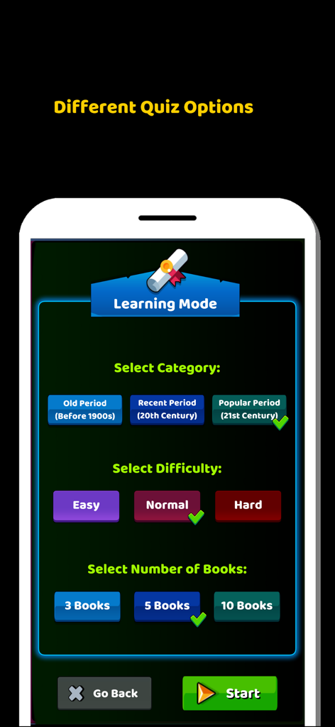 책과 문학 퀴즈 게임의 학습 모드에서 카테고리, 난이도, 책 수를 선택하는 화면.