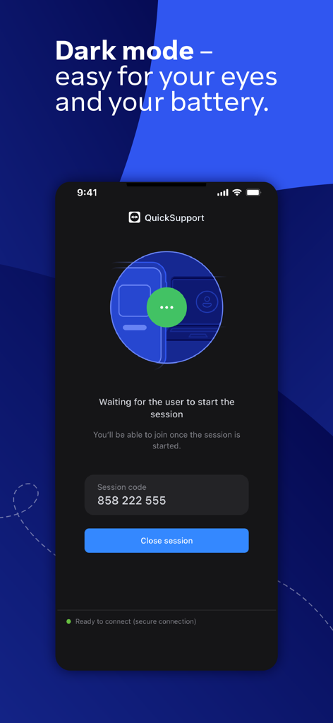 TeamViewer QuickSupport app interface in dark mode showing session code information