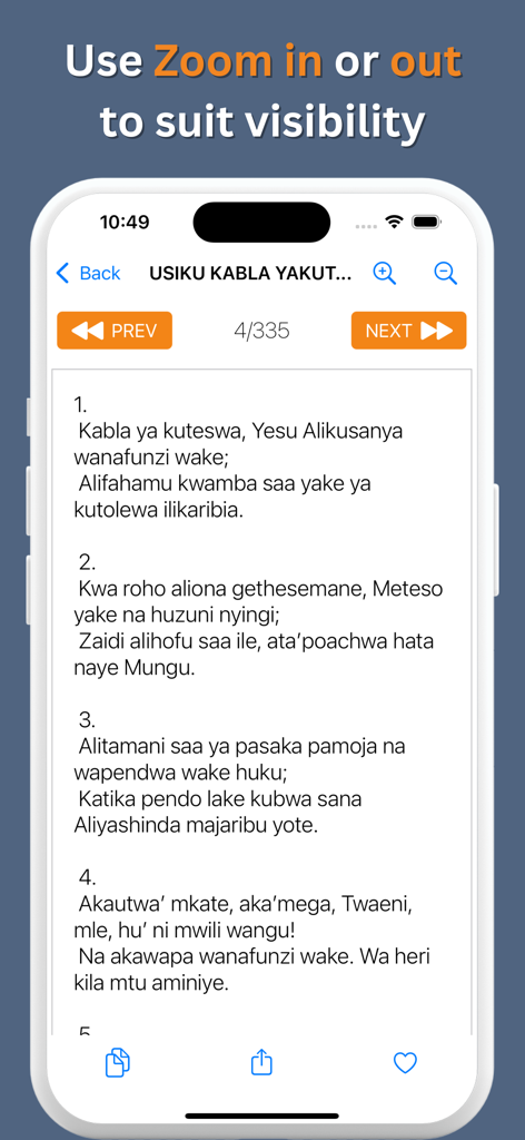 Nyimbo Za Wokovu - Swahili hymn lyrics displayed in the Nyimbo Za Wokovu app with zoom options for visibility.