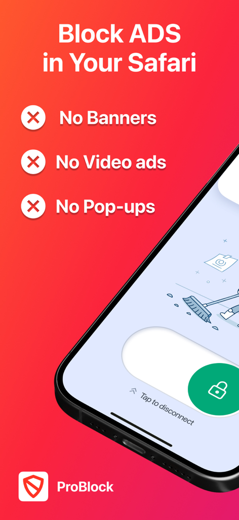 Pro Block – Safari Ad Blocker - Pro Block app interface showing ad blocking features for Safari including no banners video ads and popups