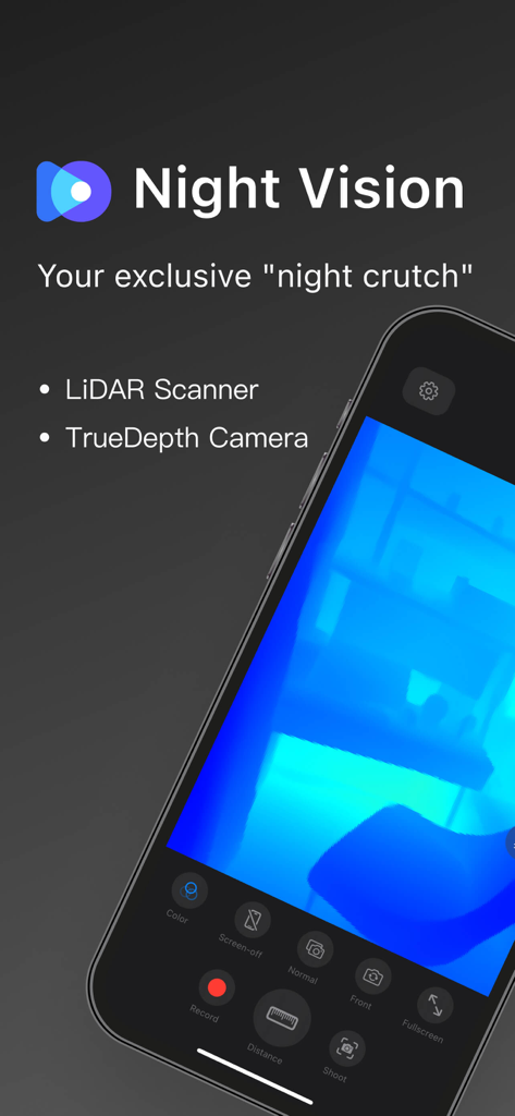 Night Vision - LiDAR Camera - Smartphone-Bildschirm zeigt die Oberfläche der Night Vision App mit einer blauen Tiefenkarte und Kamerasteuerung