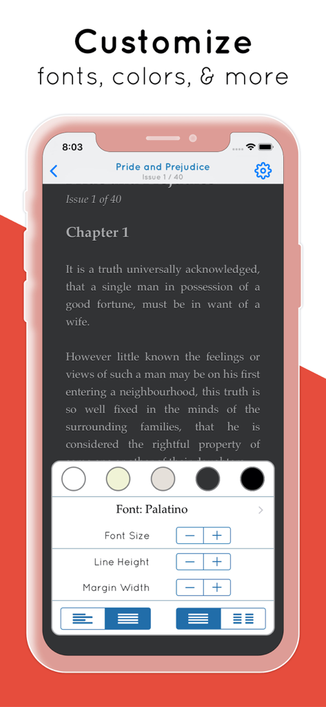 고전 독서를 위한 글꼴 및 색상 맞춤 설정이 표시된 Serial Reader 앱 인터페이스.