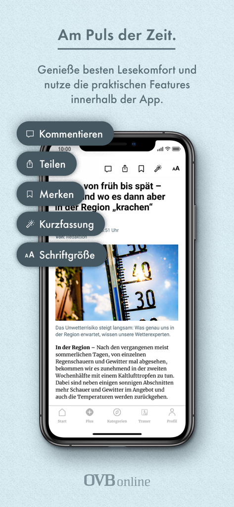 OVB online - iPhone-Bildschirm, der einen Nachrichtenartikel in der OVB online App mit interaktiven Funktionen zum Kommentieren, Teilen und Lesezeichen setzen zeigt
