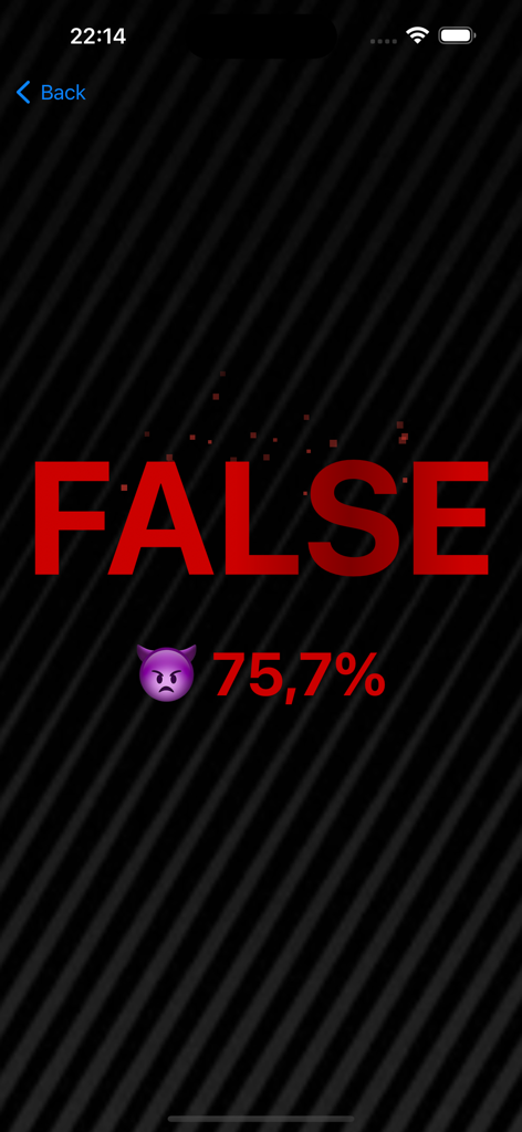 Lie Detector Test Scan - Lie detector prank app showing a false result with 75.7 percent accuracy and a purple devil emoji