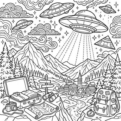 Get ready for an out-of-this-world vacation experience with this unique coloring page! Discover flying saucers hovering above a beautiful mountain village, blending exploration with extraterrestrial excitement.