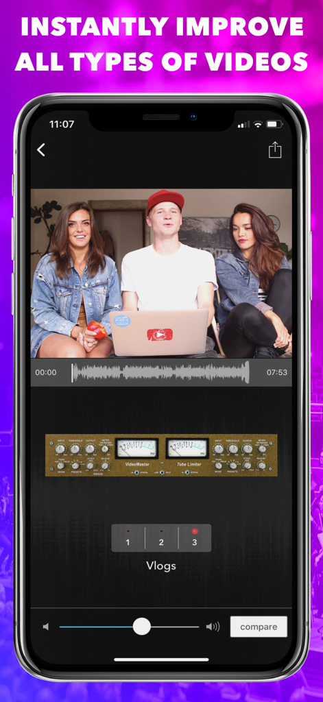 Tela de smartphone mostrando a interface do aplicativo VideoMaster Pro com ferramentas de EQ de áudio profissional e uma predefinição de vlog