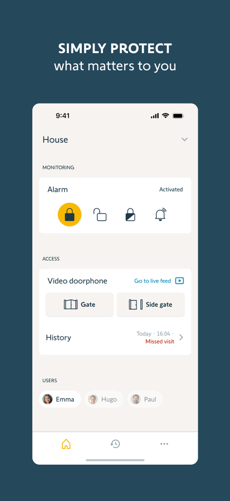 Somfy Protect - Interfaz de la aplicación Somfy Protect mostrando el estado de la alarma del hogar y el control de acceso de la puerta